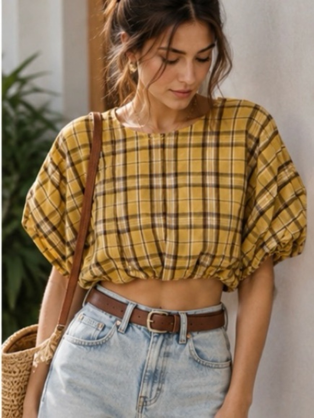 Anthropologie English Factory Plaid Puff Sleeve Cotton Crop Top Yellow Size S - Picture 4 of 10